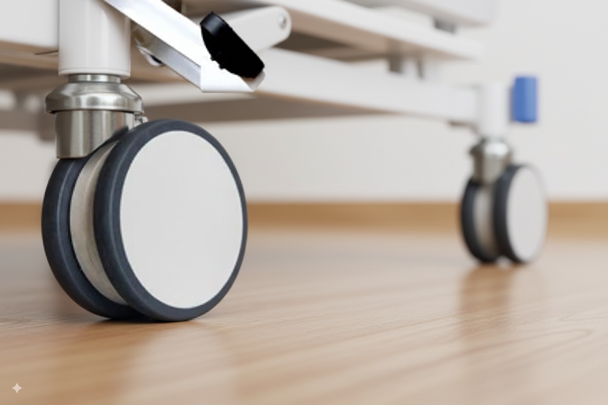 Roda tempat tidur rumah sakit dengan mekanisme penguncian untuk keamanan